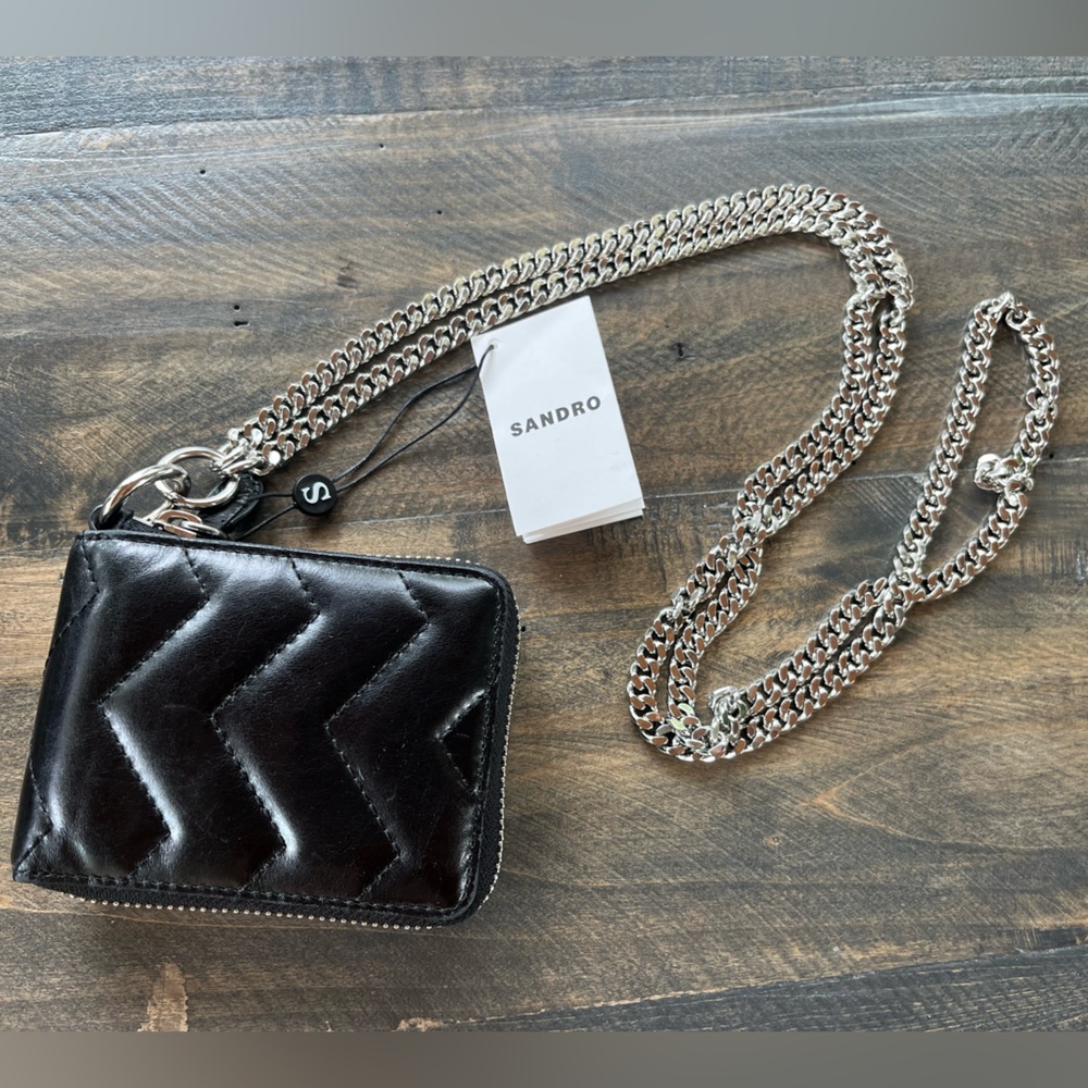 Sandro Black Leather Mini Card Coin Zip Wallet with Silver Chain NWT